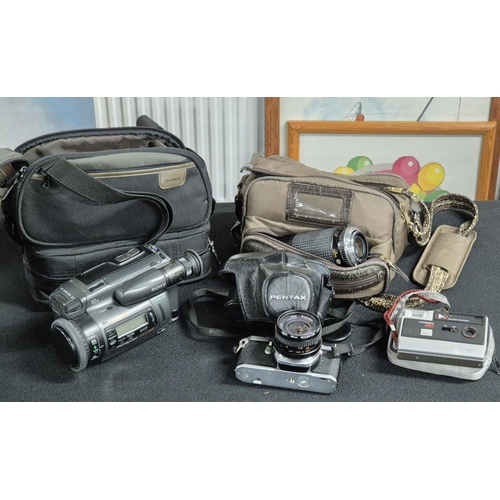 362 - Pentax ME Super with lenses and carry bag together with a vintage Sony Handycam and bag etc (Qty)