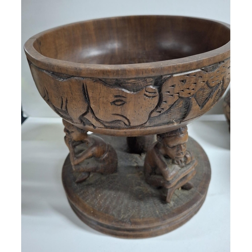 483 - Large quantity of genuine carved African treen items including six circular lidded bowls etc (Qty)