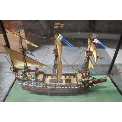 262 - Hand-make galleon in glass display case