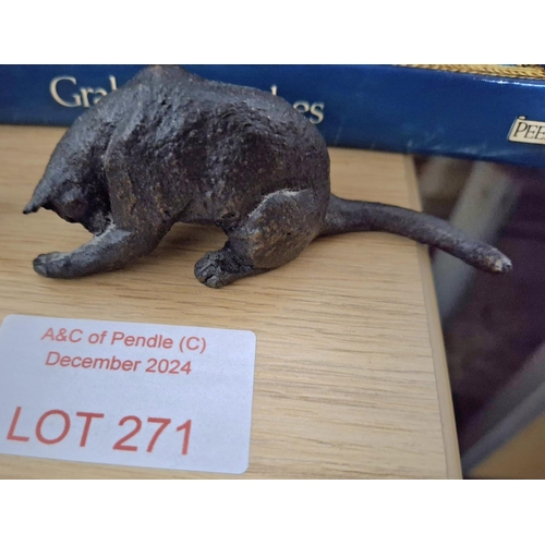 271 - A brass Salamander and a another similar white metal example and a small bronzed cat (3)