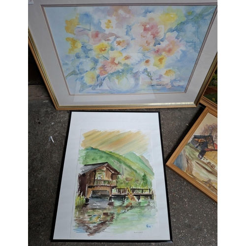 273 - Three framed watercolours together with a framed oil painting (4)