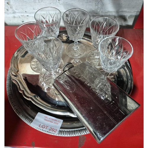 292 - Two silver plated serving trays, a white metal hip flask and 6 cut-glass sherry glasses