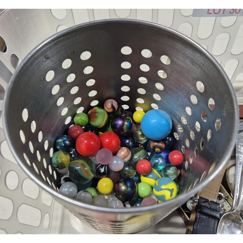 301 - Basket containing various collectables including, watches, marbles, coronation spoons and others (Qt... 