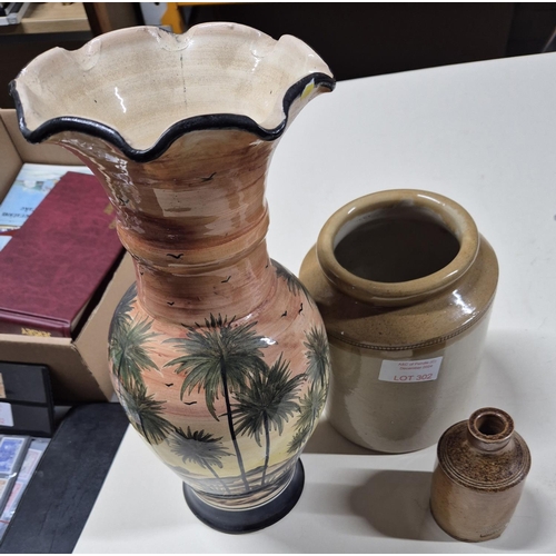 302 - Two stoneware jars and a hand painted vase (3)