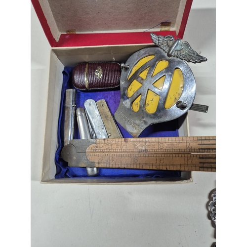 305 - Box of collectables including an old AA badge and pen knives etc (Qty)