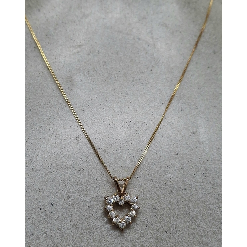 39 - Ladies 9ct fine gold necklace and heart shaped pendant stamped 375,

1.4 grams gross            appr... 