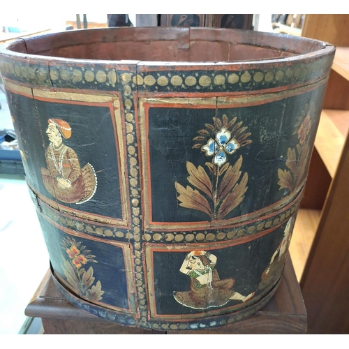 119 - Wooden Indian bin, hand-painted with figures and flowers