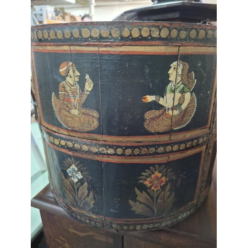 119 - Wooden Indian bin, hand-painted with figures and flowers