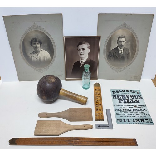 123 - Selection of curios including measuring apparatus, Victorian photographs, butter paddles etc. (Qty)