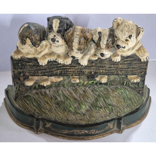 139 - Vintage cold painted cast iron savings box featuring 5 Puppies looking over a fence