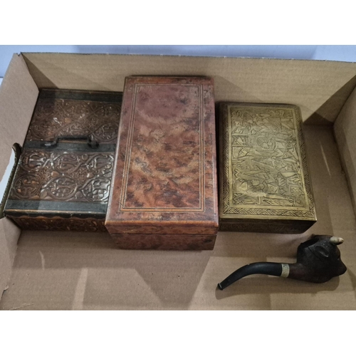 150 - Box of quality collectables to include 3 various boxes, Bull-head smokers pipe, Kukri knife and a se... 