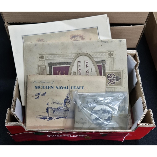 155 - Box of vintage ephemera to include old prints, booklets of cigarette cards etc (Qty)