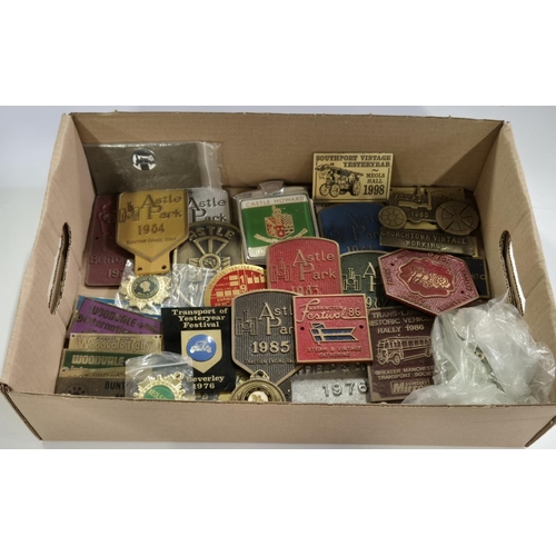 156 - Box containing a quantity of small, metal, steam engine fair plaques, mainly 1980s and 90s (Qty)