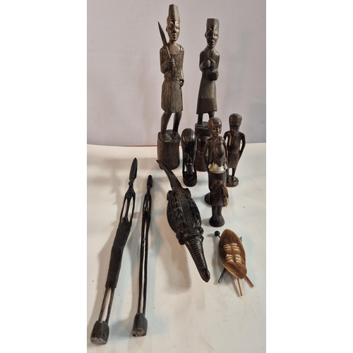 158 - Collection of carved African figures and a Crocodile (Qty)