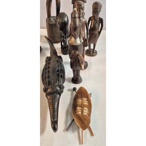 158 - Collection of carved African figures and a Crocodile (Qty)