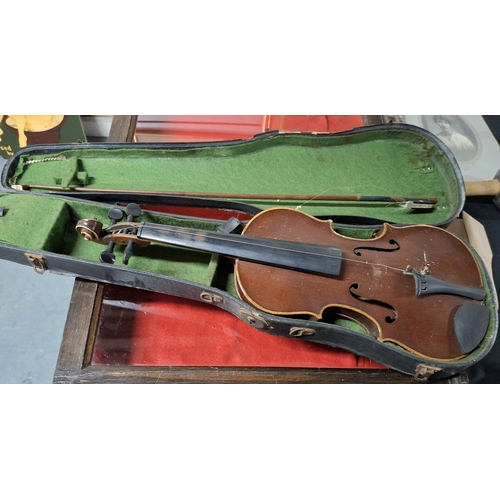 168 - Unmarked antique violin with bow and original hardcase