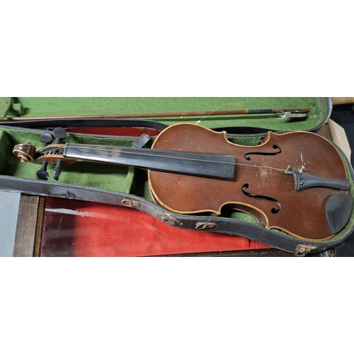 168 - Unmarked antique violin with bow and original hardcase