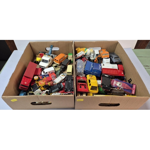 205 - Two boxes of played with Corgi, die cast cars and vans (Qty)