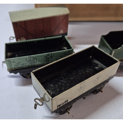 208 - Early, wind-up tin plate steam train with trucks, train track and signals set (Qty)