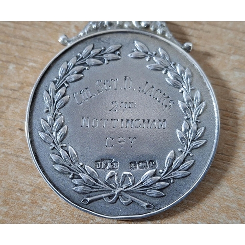 209 - Hallmarked silver 1943 sports medal for Col Sgt D Jacks, 2nd Company Nottingham, top section engrave... 