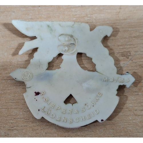 210 - Colourful German plastic SA Treffen Badge for 'SA Wehr-Wettkampftage 1939'. Maker marked: R. Sieper ... 