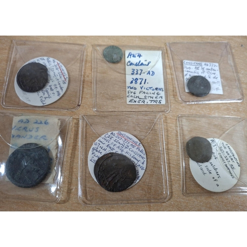 224 - SIX ROMAN COINS EACH ANOTATED WITH DESCRIPTION TO THE COIN (6)