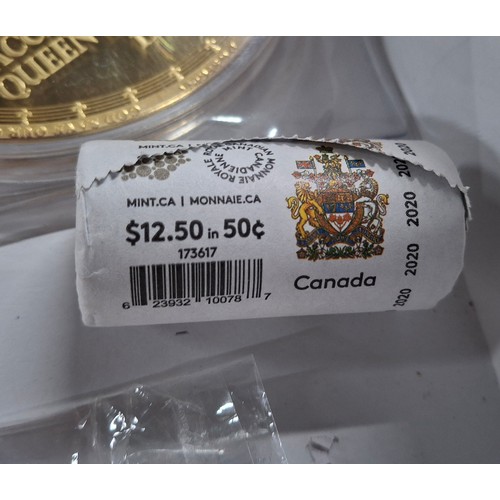 251 - Collection of coin items to include a sealed uncirculated tube of Canada 2020 50cent coins, 2 QEII e... 