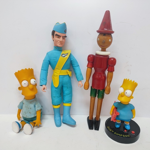 350 - A vintage Bart Simpson soft toy together with a similar alarm clock, a Thunderbirds doll and a woode... 