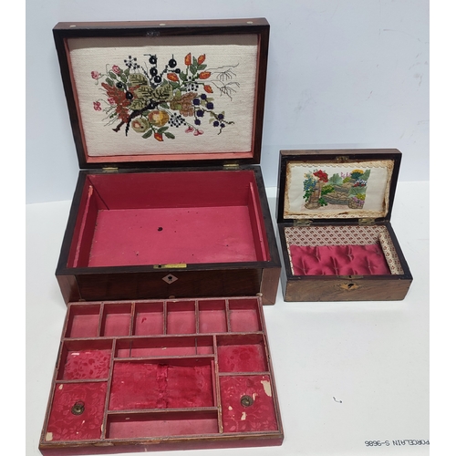 382 - An Edwardian sewing box with red and embroidered lining together with a smaller similar box (2)