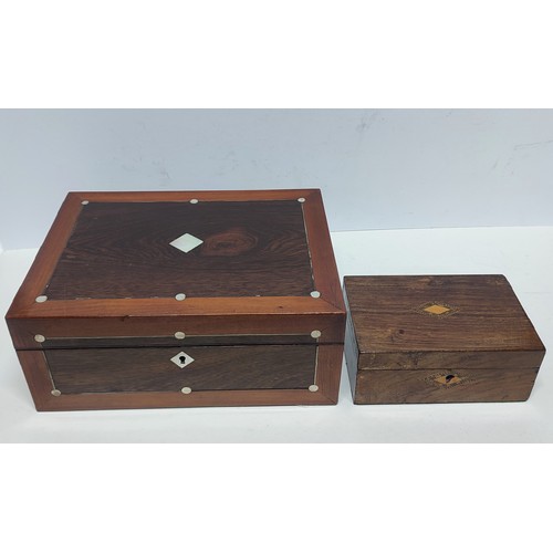 382 - An Edwardian sewing box with red and embroidered lining together with a smaller similar box (2)