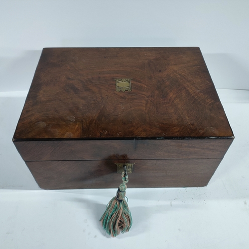 386 - Antique sewing box with royal blue lining, with key