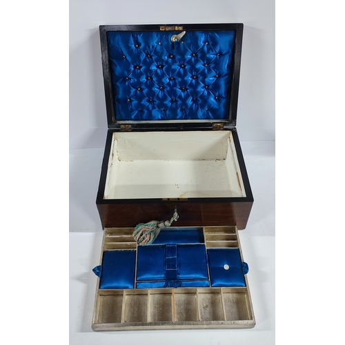 386 - Antique sewing box with royal blue lining, with key