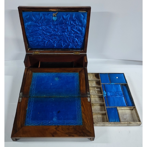 387 - Antique walnut and mother of pearl inlaid writing slope with blue lining and inner compartments