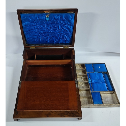 387 - Antique walnut and mother of pearl inlaid writing slope with blue lining and inner compartments