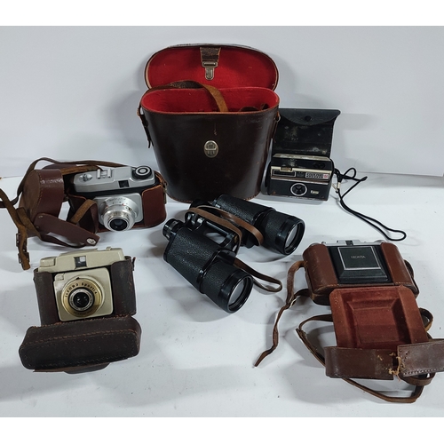 392 - Collection of old camera equipment and a cased set of Chrles Frank 10x50 binoculars etc. (Qty)