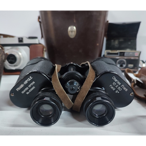 392 - Collection of old camera equipment and a cased set of Chrles Frank 10x50 binoculars etc. (Qty)