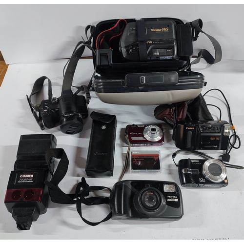 393 - Collection of vintage camera equipment including Pentax, Canon, JVC video camera in case etc. (Qty)