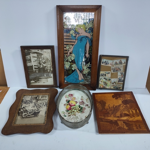 395 - A decorative mirror together with old framed photographs etc. (6)