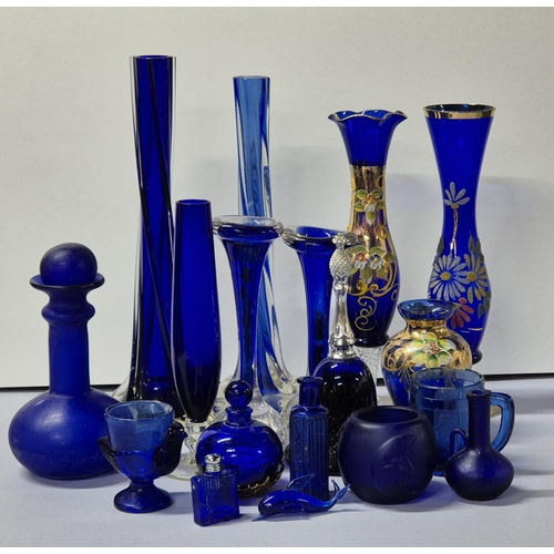 402 - Quantity of various blue glass to include perfume and Chemist bottles, vases including Bohemia glass... 