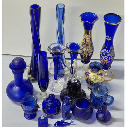 402 - Quantity of various blue glass to include perfume and Chemist bottles, vases including Bohemia glass... 