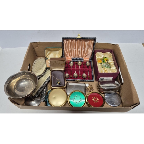 398 - Box of metalware and compacts including 925 necklace