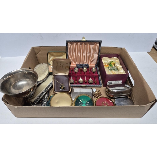 398 - Box of metalware and compacts including 925 necklace