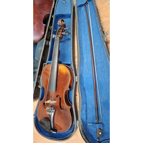 366 - Two antique, good quality French violins, both with bow and both in original cases. One is marked J.... 