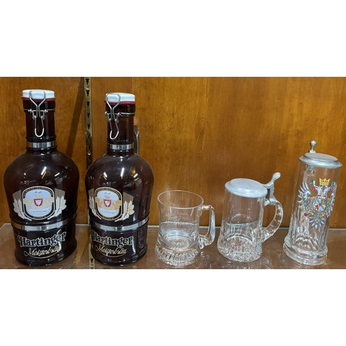 410 - 2 Hartinger Brown bottles with 3 glasses