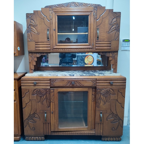 436 - Carved Oak art-deco sideboard with marble top and receipt of purchase from the 1990's