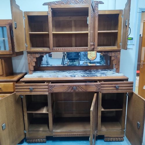 436 - Carved Oak art-deco sideboard with marble top and receipt of purchase from the 1990's