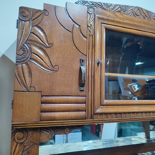 436 - Carved Oak art-deco sideboard with marble top and receipt of purchase from the 1990's