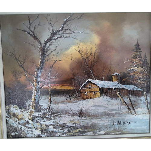 263 - Fine quality, indistinctly signed, oil painting depicting a country cottage in a winter landscape