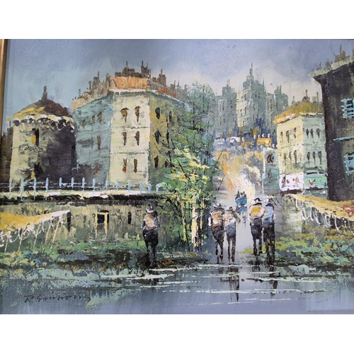 264 - Indistinctly signed, post-impressionist, framed oil painting depicting a Continental street scene