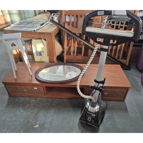 432 - Rowenta master valet steam cleaner, low wooden coffee table, small wooden plant stand etc